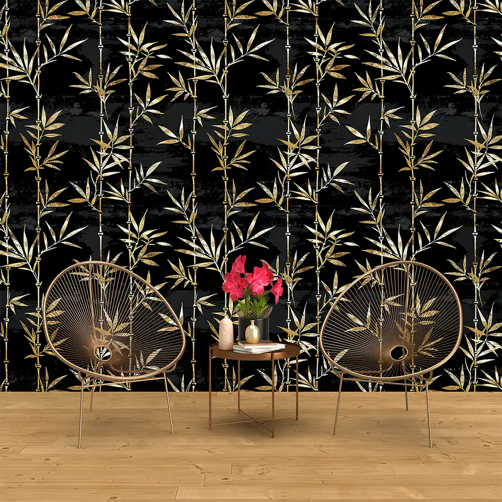 Beautiful black and gold bamboo wallpaper sticker for living room wall enhances elegance.