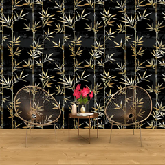 Beautiful black and gold bamboo wallpaper sticker for living room wall enhances elegance.
