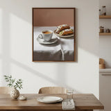 Beautiful cozy coffee and pastry still life art poster sticker enhances living room walls.