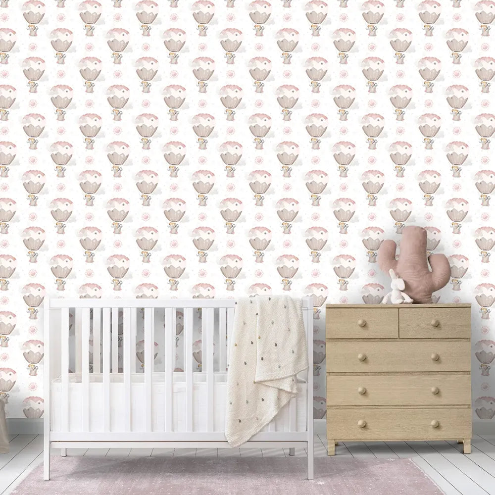 Beautiful dreamy hot air balloon kids room nursery wallpaper enhances walls.