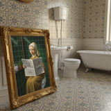 Beautiful funny girl with a pearl earring parody bathroom art poster sticker enhances wall decor.
