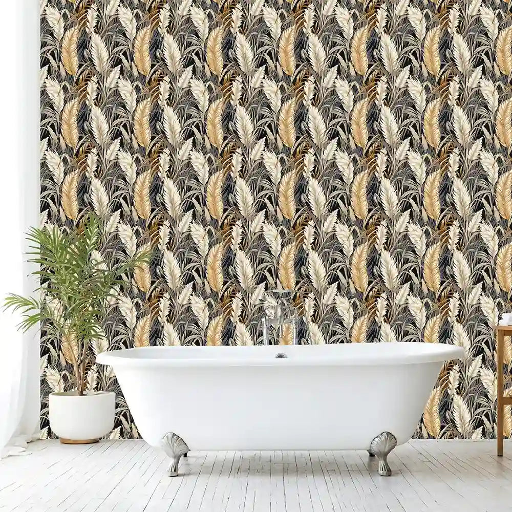 Beautiful golden palm luxury tropical wallpaper enhances modern interiors.