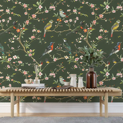 Beautiful Green Chinoiserie Bird Wallpaper ideas for your home.