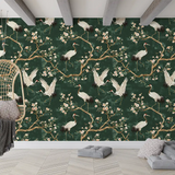 Beautiful Green Chinoiserie Crane Wallpaper ideas for your home.