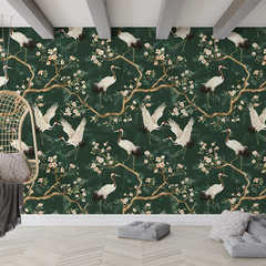 Beautiful Green Chinoiserie Crane Wallpaper ideas for your home.