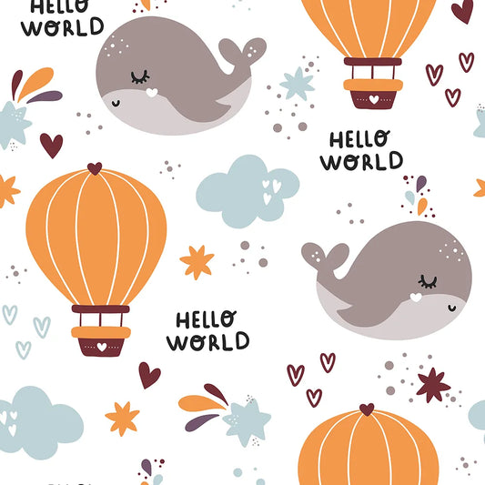 Beautiful hello world whale and balloon kids room nursery wallpaper looks charming.