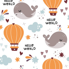 Beautiful hello world whale and balloon kids room nursery wallpaper looks charming.