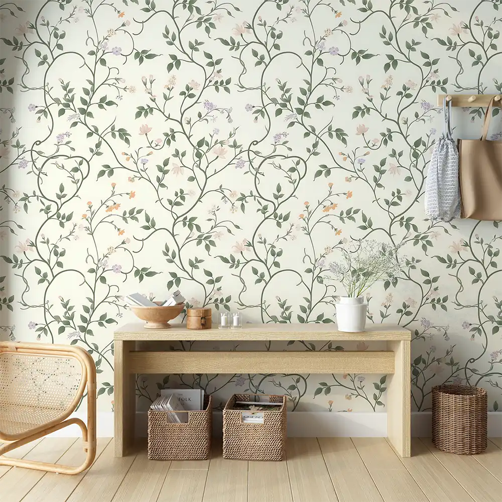 Beautiful ivory botanical vine wallpaper sticker enhances living room wall decor.