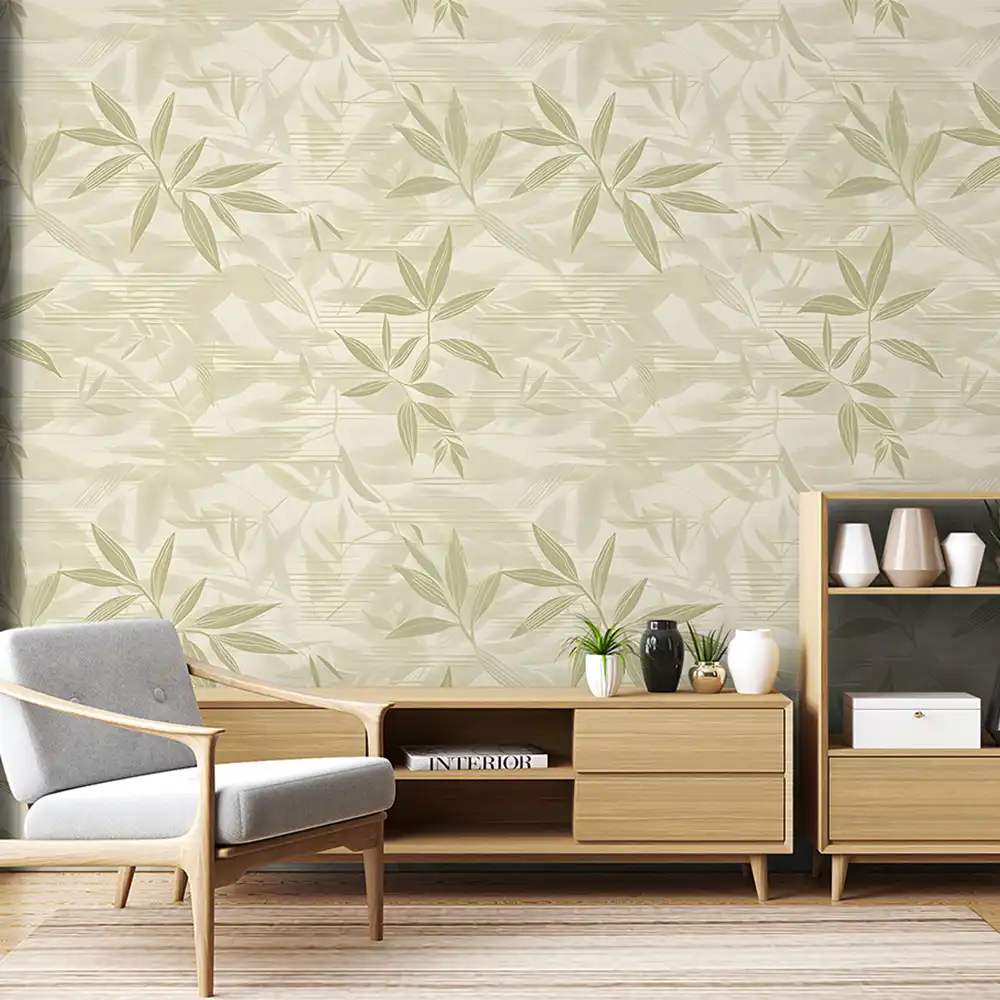Beautiful neutral bamboo wallpaper sticker enhances living room wall decor naturally.