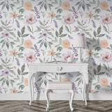 Beautiful pastel watercolor floral wallpaper sticker enhances living room wall decor.