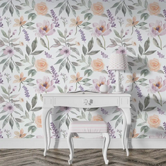 Beautiful pastel watercolor floral wallpaper sticker enhances living room wall decor.
