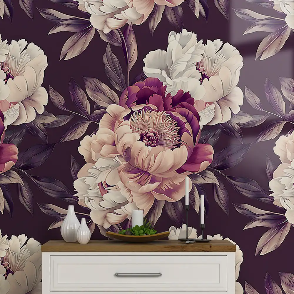 Beautiful plum purple floral wallpaper sticker for living room wall enhances style.