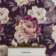 Beautiful plum purple floral wallpaper sticker for living room wall enhances style.