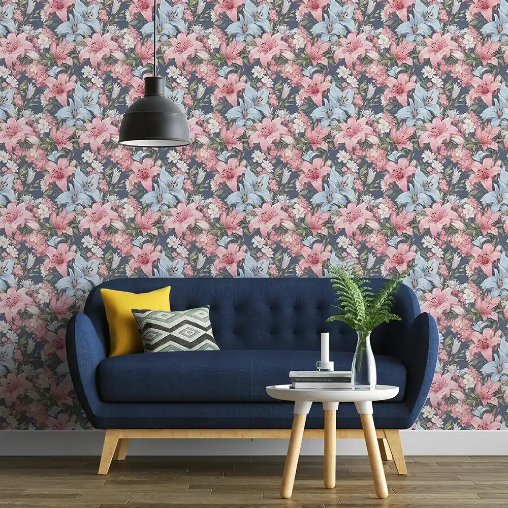 Beautiful romantic pastel floral wallpaper enhances refined living spaces.