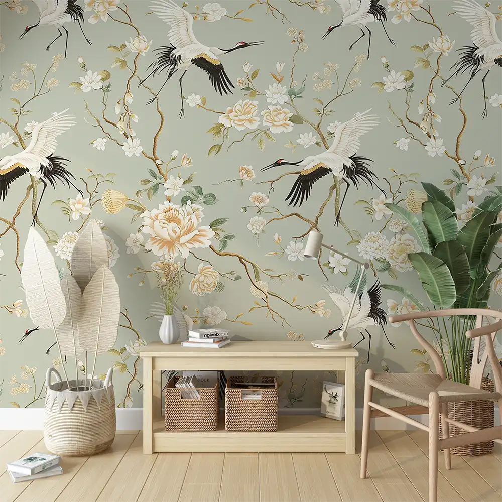 Beautiful sage green chinoiserie crane wallpaper sticker for living room wall enhances style.