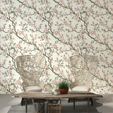 Beautiful soft pink sakura botanical wall mural sticker enhances living room wall decor.