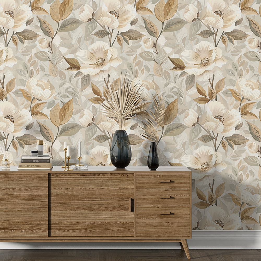 A beautiful Beige and Gold Floral Wallpaper for your bedroom.
