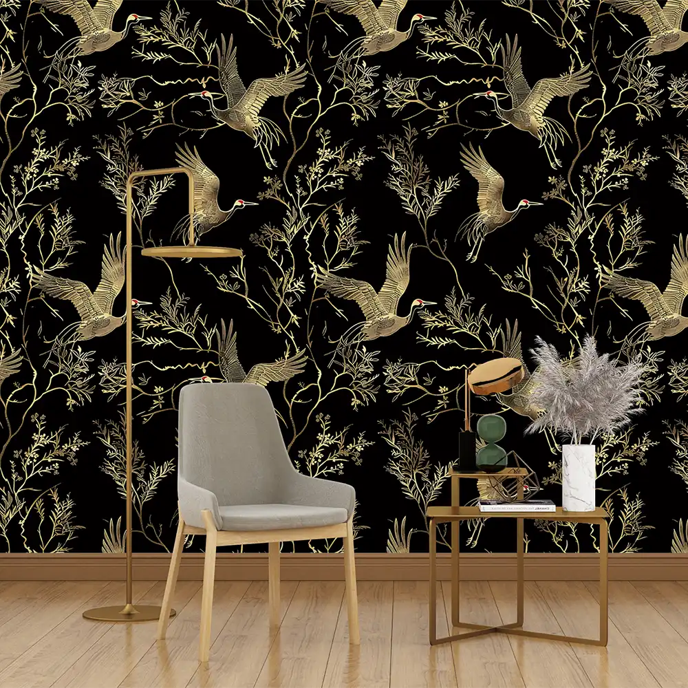 Black and Gold Crane Wallpaper for a luxurious kitchen style.