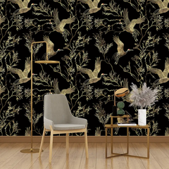 Black and Gold Crane Wallpaper for a luxurious kitchen style.