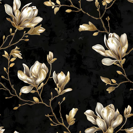 Black and Gold Magnolia Wallpaper perfect for modern kitchens.