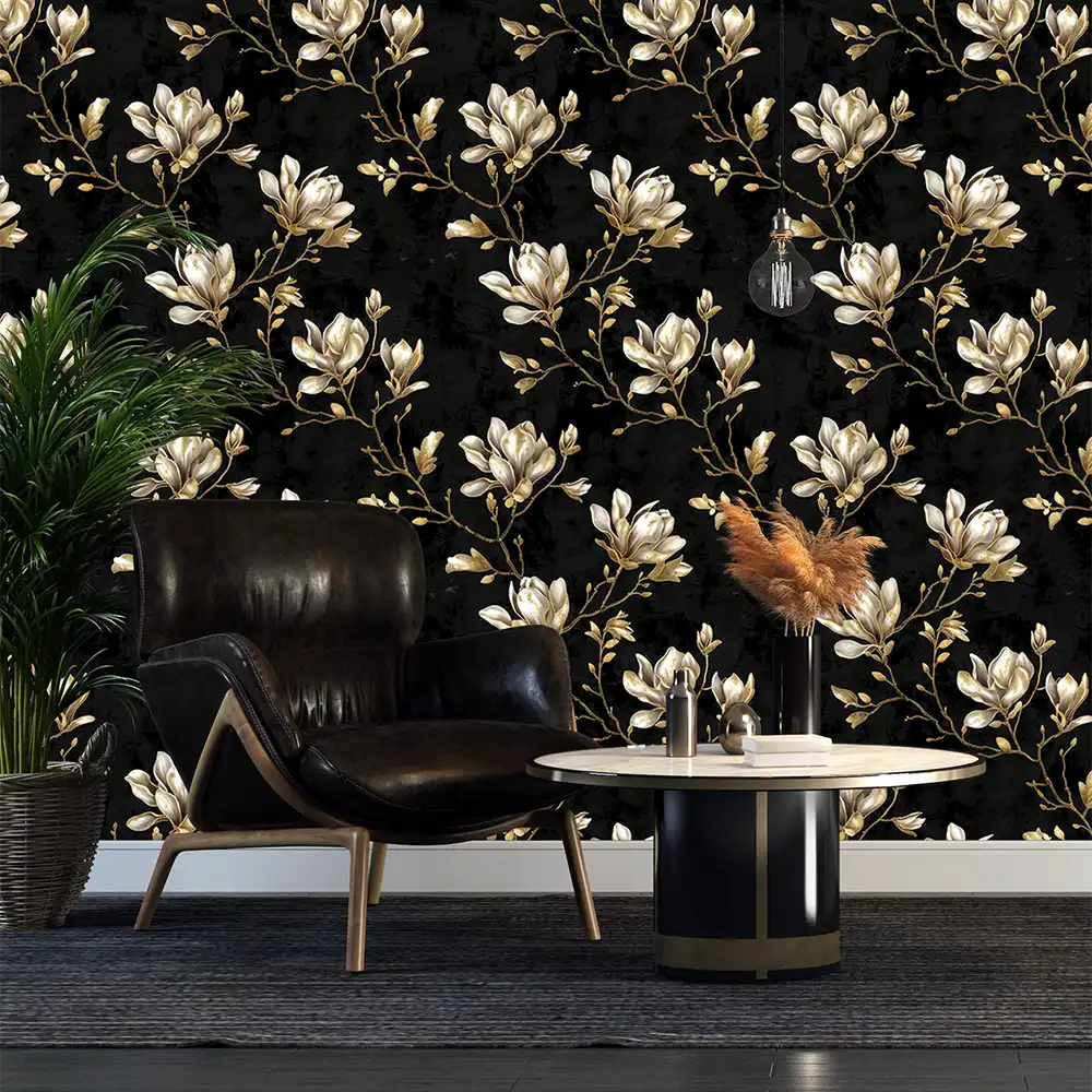 Stunning Black and Gold Magnolia Wallpaper for your living room.
