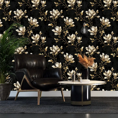 Stunning Black and Gold Magnolia Wallpaper for your living room.