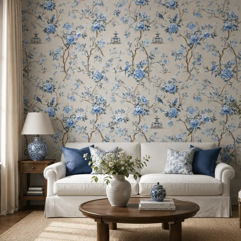 Full panel of blue chinoiserie garden wallpaper across a feature wall.