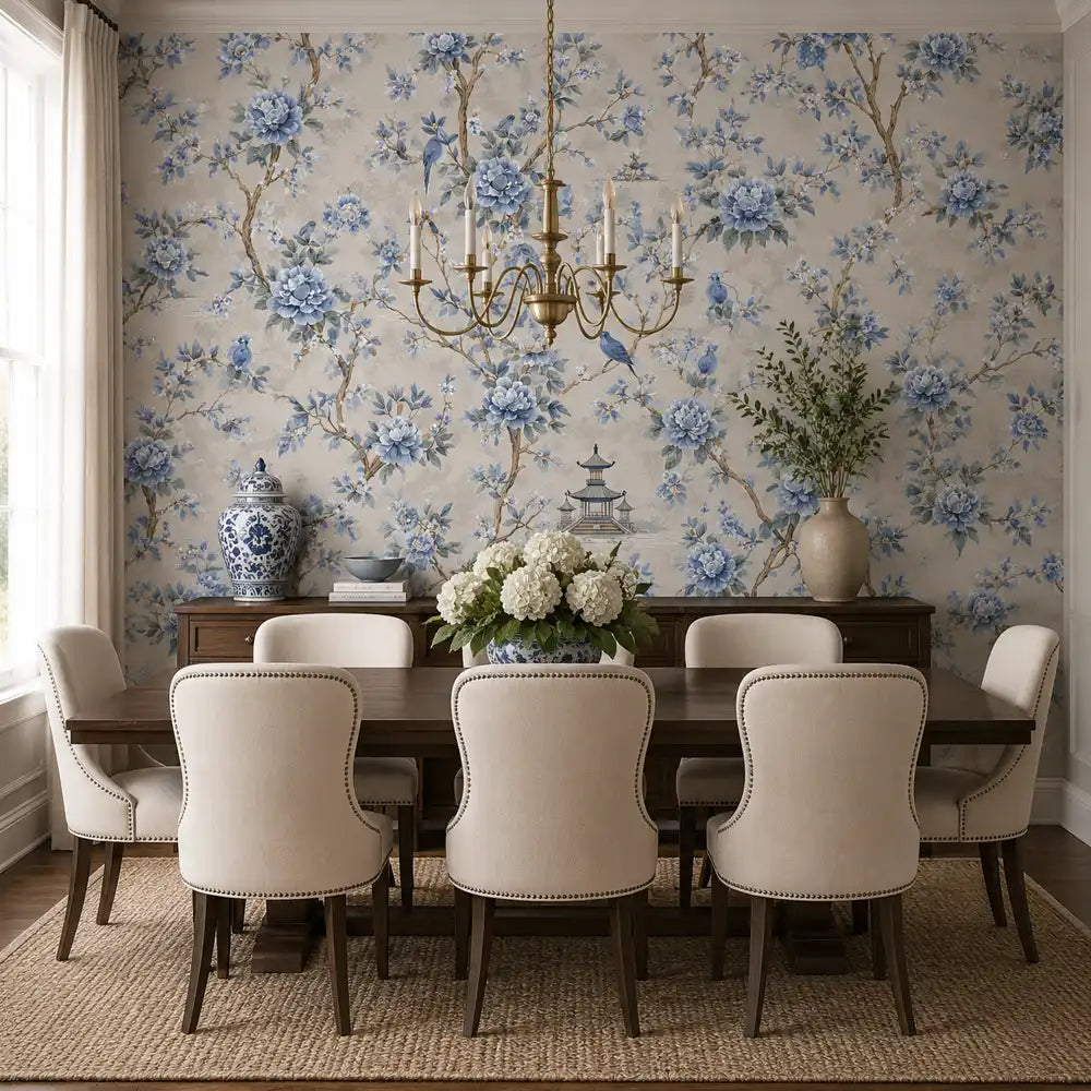 Pattern detail of blue chinoiserie garden wallpaper showing floral motifs.