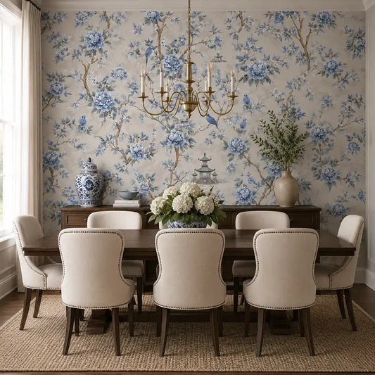 Pattern detail of blue chinoiserie garden wallpaper showing floral motifs.