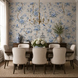 Pattern detail of blue chinoiserie garden wallpaper showing floral motifs.