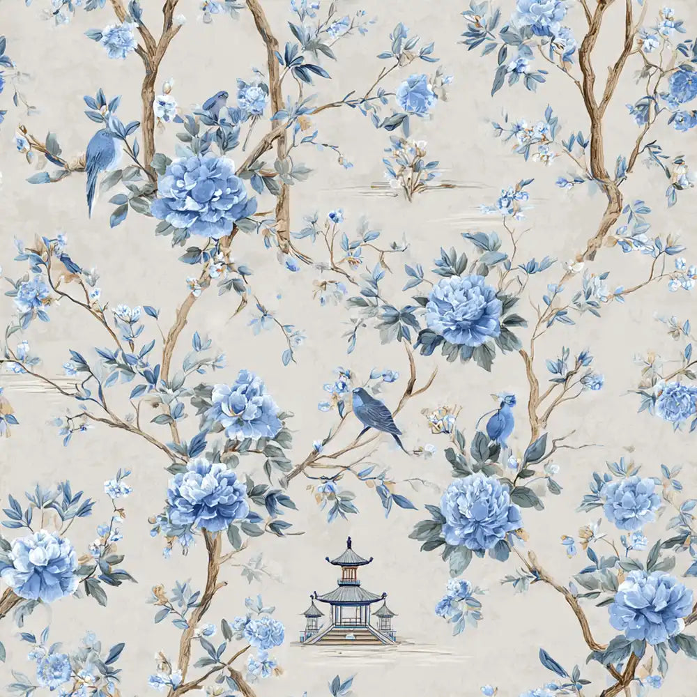 Blue chinoiserie garden wallpaper with painted birds and flowering branches.