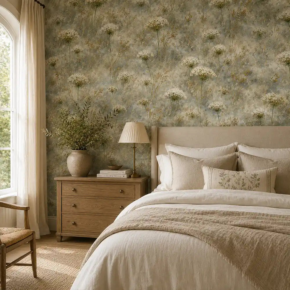 Cool blue and ivory color tones of blue mist queen annes lace wallpaper.