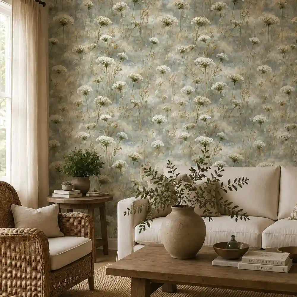 Panel repeat of blue mist queen annes lace wallpaper across a wide wall.