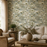 Panel repeat of blue mist queen annes lace wallpaper across a wide wall.