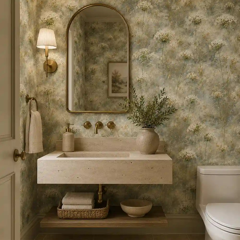 Pattern detail of blue mist queen annes lace wallpaper and its fine stems.