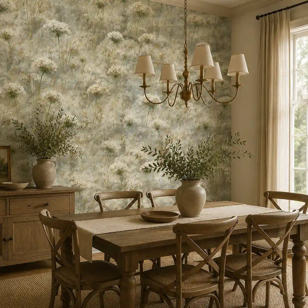 Texture close up of blue mist queen annes lace wallpaper in a matte finish.