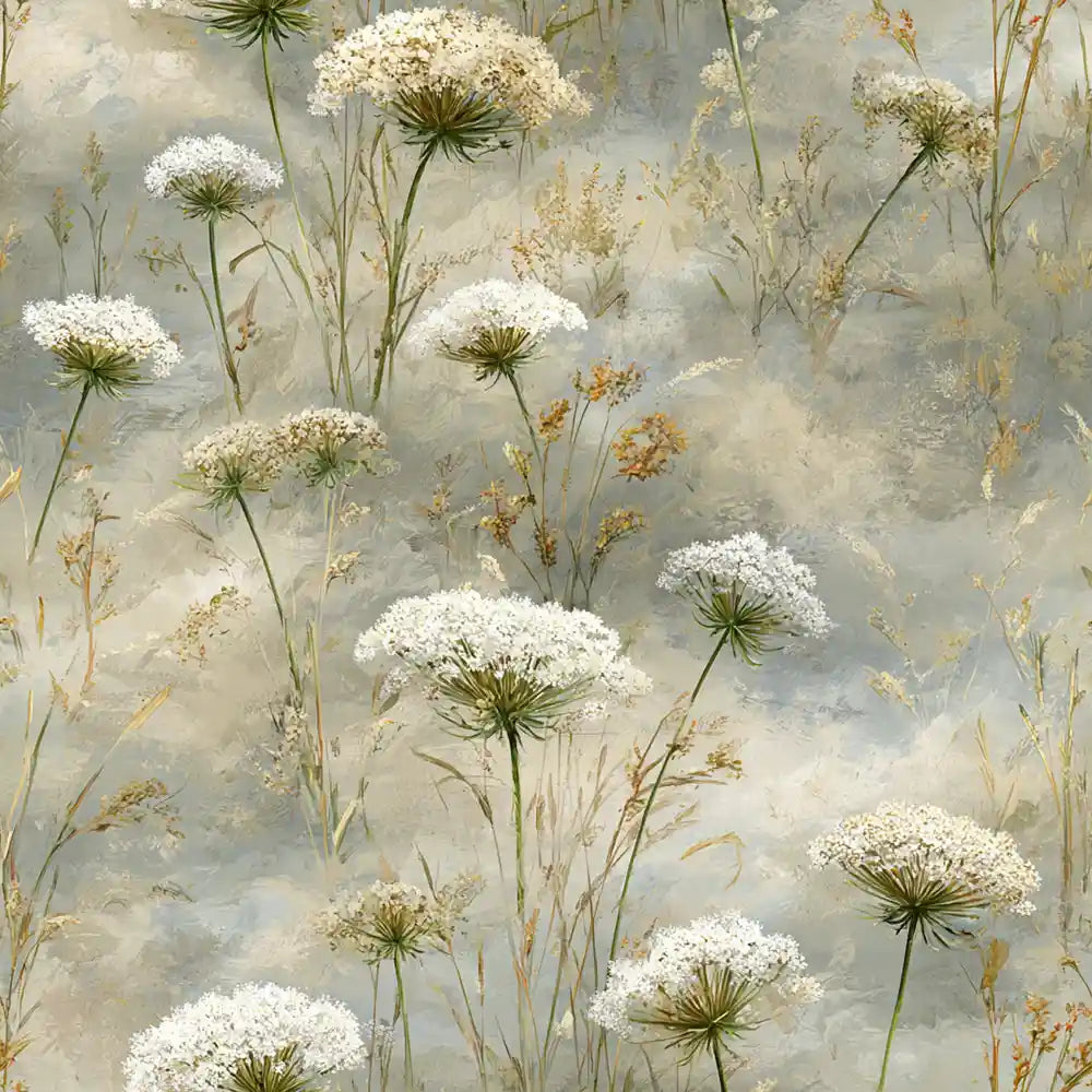 Blue mist queen annes lace wallpaper with airy wildflower heads for soft walls.