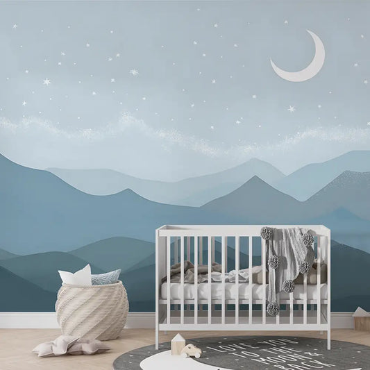 Soft Blue Night Mountain Wallpaper – Calm Peel-and-Stick Bedroom Kids Room Design