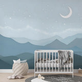 Soft Blue Night Mountain Wallpaper – Calm Peel-and-Stick Bedroom Kids Room Design