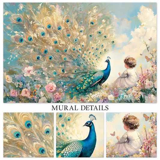 Mural details of a jewel blue peacock, golden plumes and a child among flowers