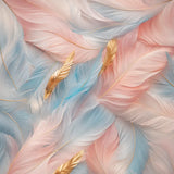 Blush feather mural design in soft pink and blue with gold accent feathers