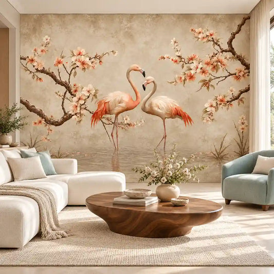 Blush Flamingo Blossom mural with pink flamingos and cherry branches in a bright living room