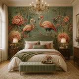 Blush flamingo mural detail showing elegant bird and tropical leaf arrangement