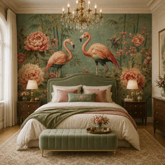 Blush flamingo mural detail showing elegant bird and tropical leaf arrangement