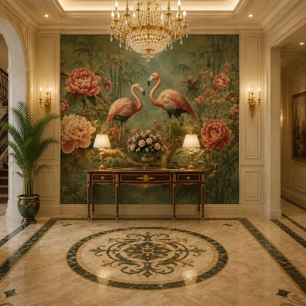 Removable flamingo garden mural in living room, elegant blush and green color palette