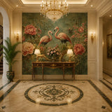 Removable flamingo garden mural in living room, elegant blush and green color palette