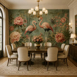 Pink flamingo garden mural installed in master bedroom, large wall panorama view