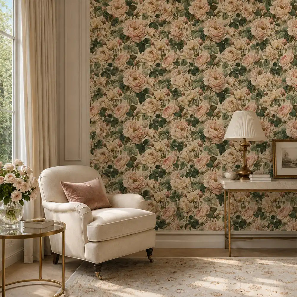 Pattern detail of blush garden rose wallpaper showing petals and foliage.