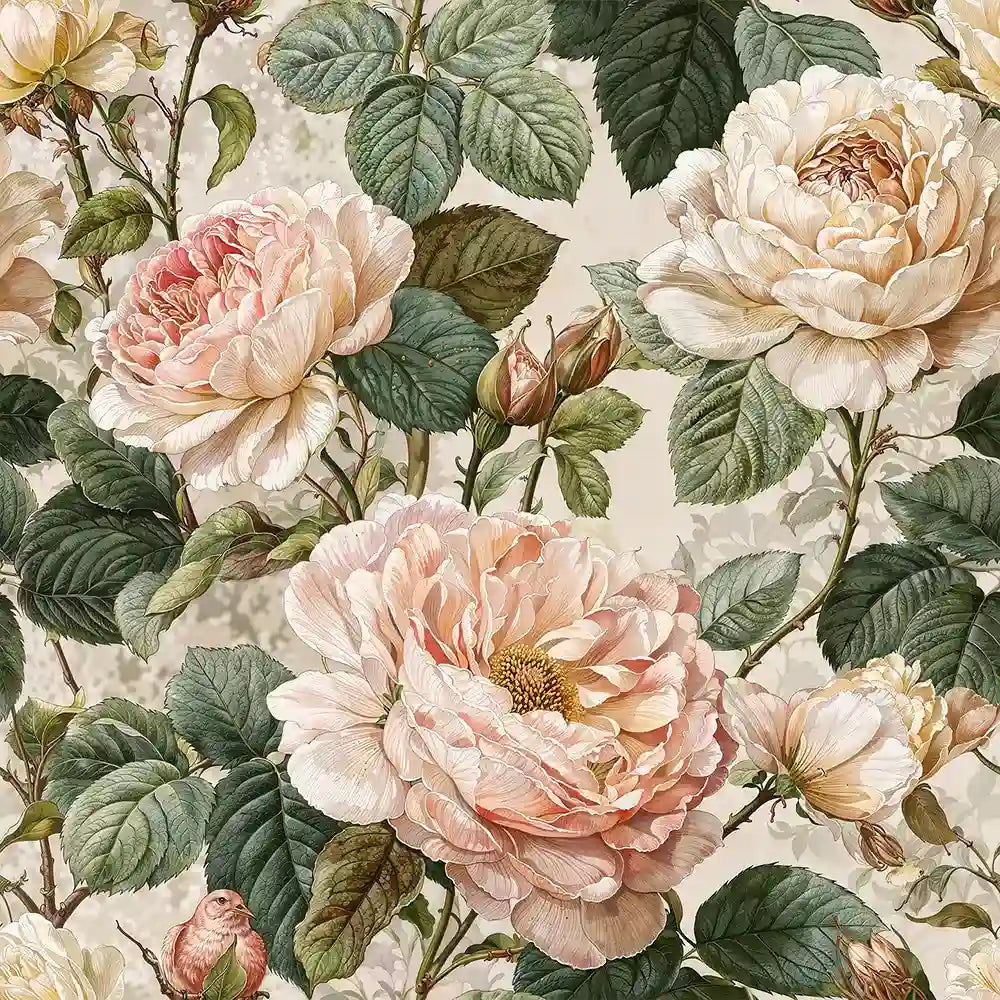 Blush garden rose wallpaper with painted roses for a warm interior wall.