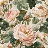 Blush garden rose wallpaper with painted roses for a warm interior wall.